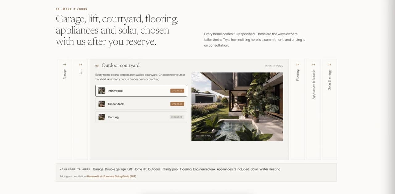 Make it yours: garage, lift, courtyard, flooring, appliances and solar, with the courtyard open and a summary of the choices