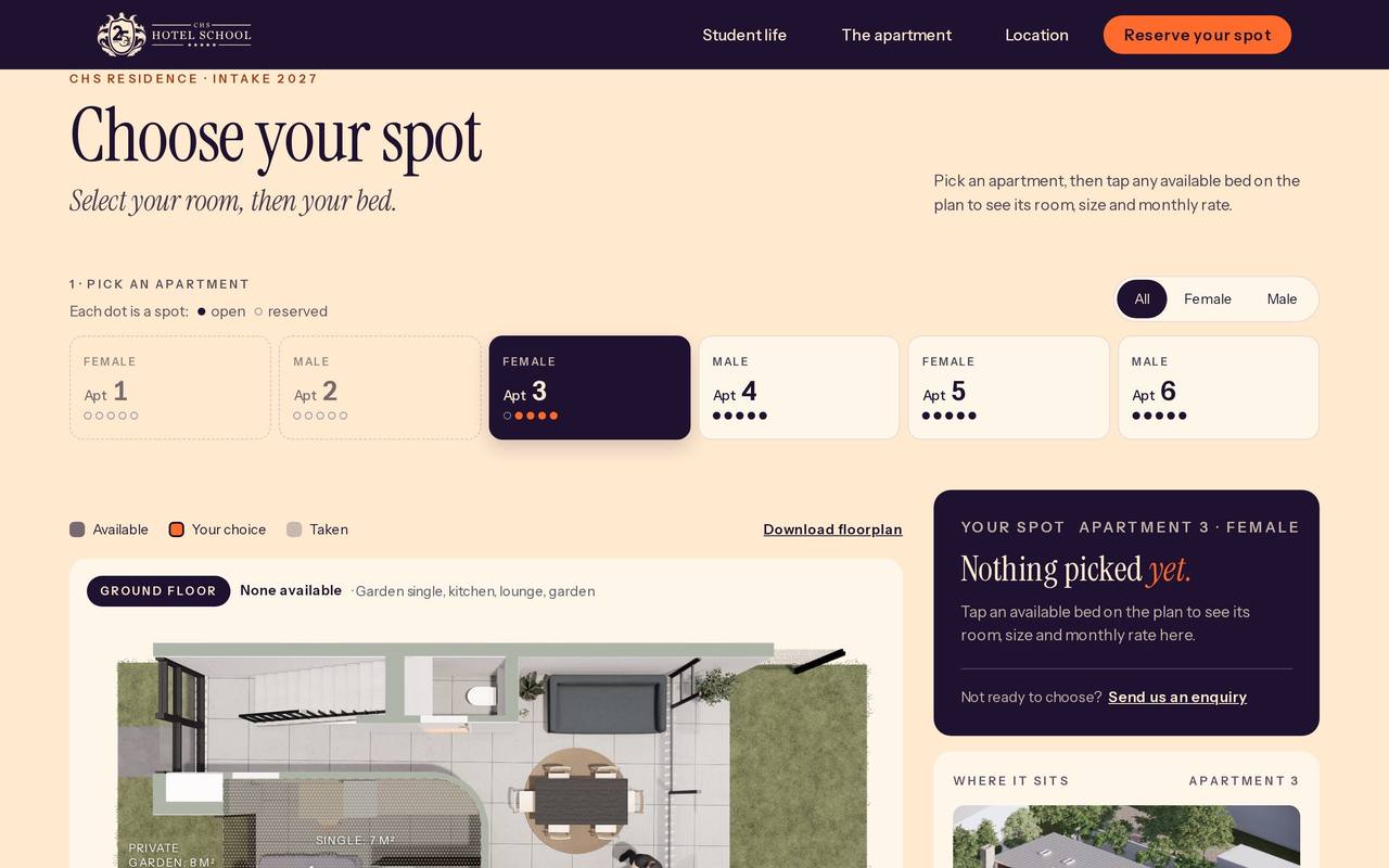 Choose your spot: apartment and bed selector