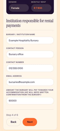 Lease step 4, bursary path: the institution and what it will pay (test details)