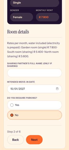 Lease step 2: room details, move-in date and parking