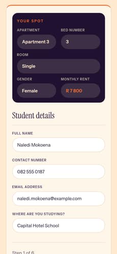 Lease step 1: student details, with the reserved bed and the student details carried over (test applicant)