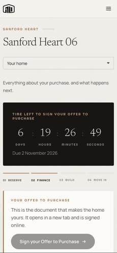 Owner’s portal: the home, a countdown to sign the offer to purchase, and the four stages from reserve to move-in