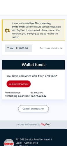 Payfast payment page (sandbox)
