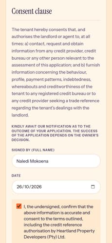 Lease step 6: credit-reference consent, signed and dated