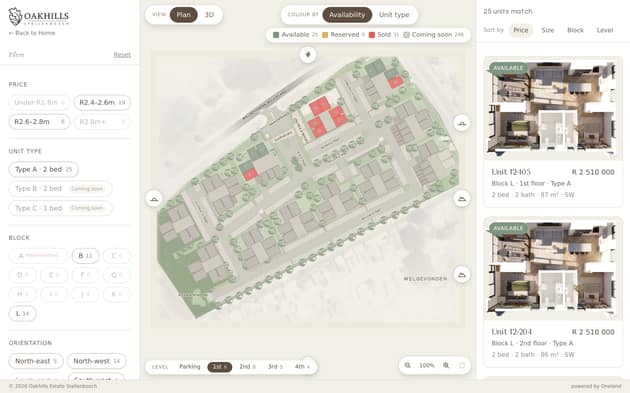 Site plan with filters and listing