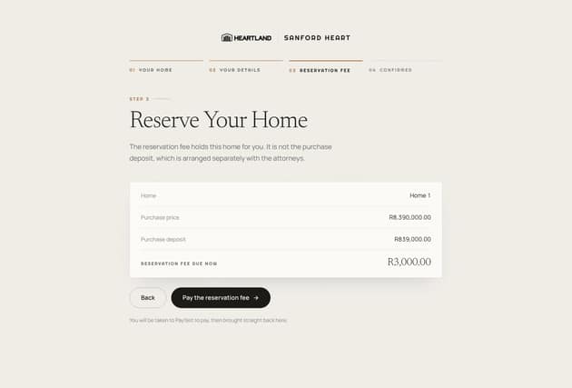 Reserve step 3: the reservation fee due now, before Payfast
