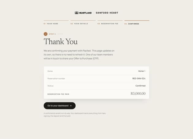 Reserve step 4: a test reservation confirmed after a Payfast sandbox payment