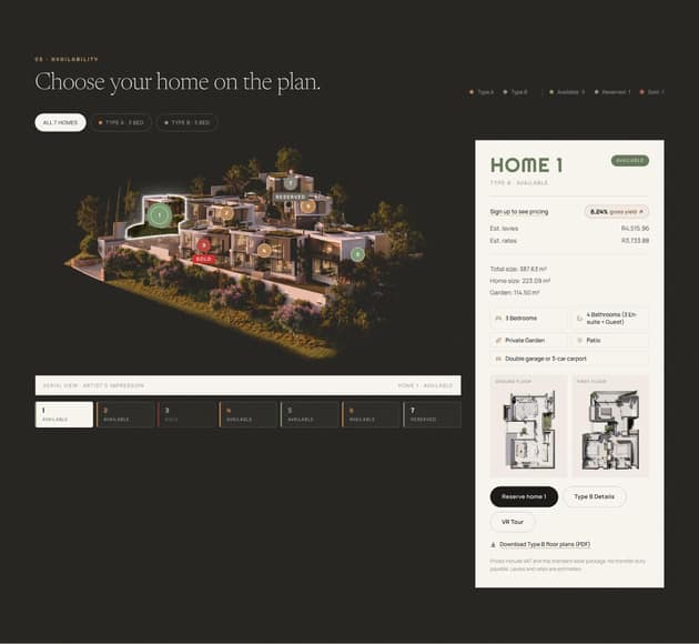 Choose your home on the plan: Home 1 selected, with its sizes, levies, rates, floor plans and Reserve button