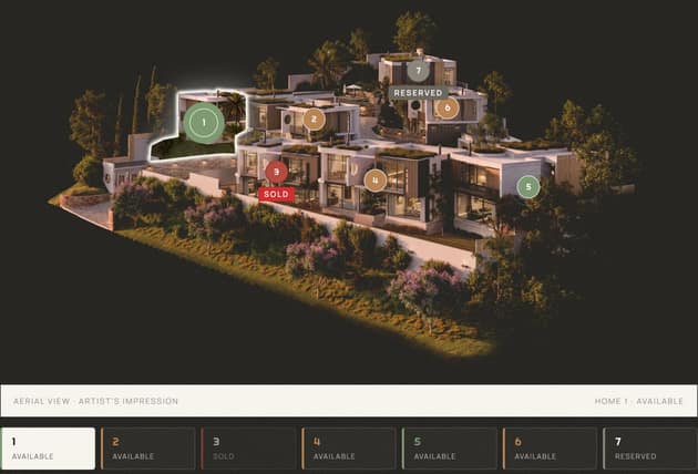 The aerial plan: each home cut out of the render and marked available, reserved or sold