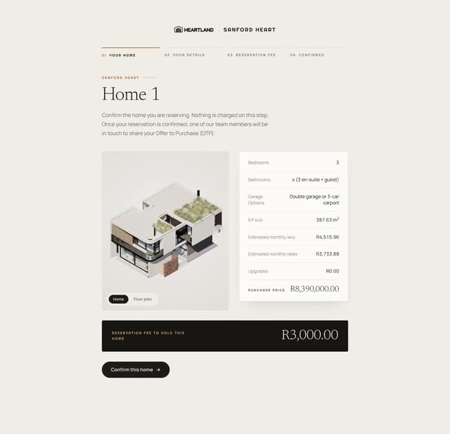 Reserve step 1: Home 1 with its specs, purchase price and the fee to hold it