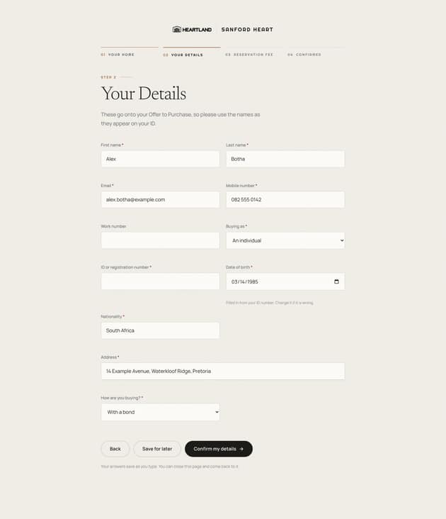 Reserve step 2: details for the Offer to Purchase, filled in with a test buyer