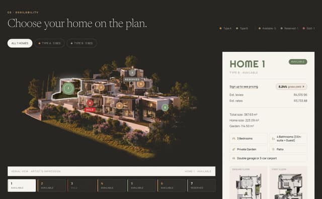 Sanford Heart availability plan: Home 1 selected on the aerial view, with its size, levies and rates beside it