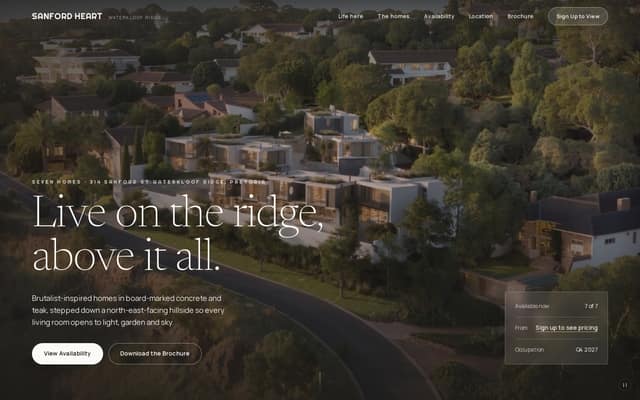 Sanford Heart launch page hero: seven homes on the ridge