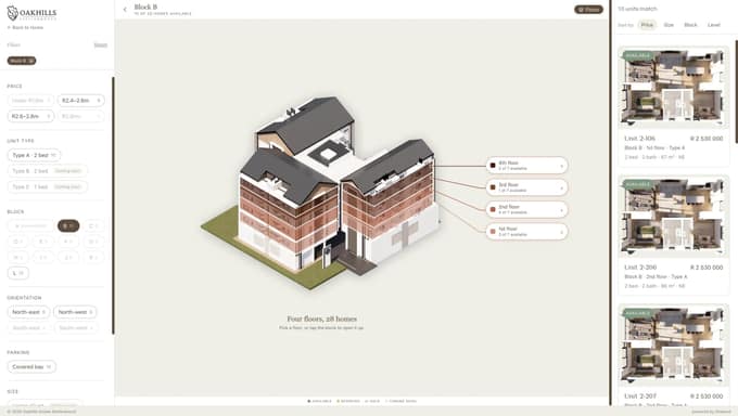 Oakhills unit selection: Block B in 3D with its floors, filters and matching units