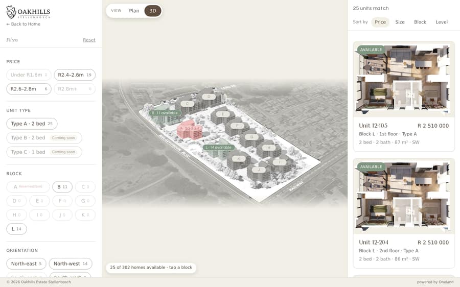 Oakhills 3D masterplan showing which blocks are released