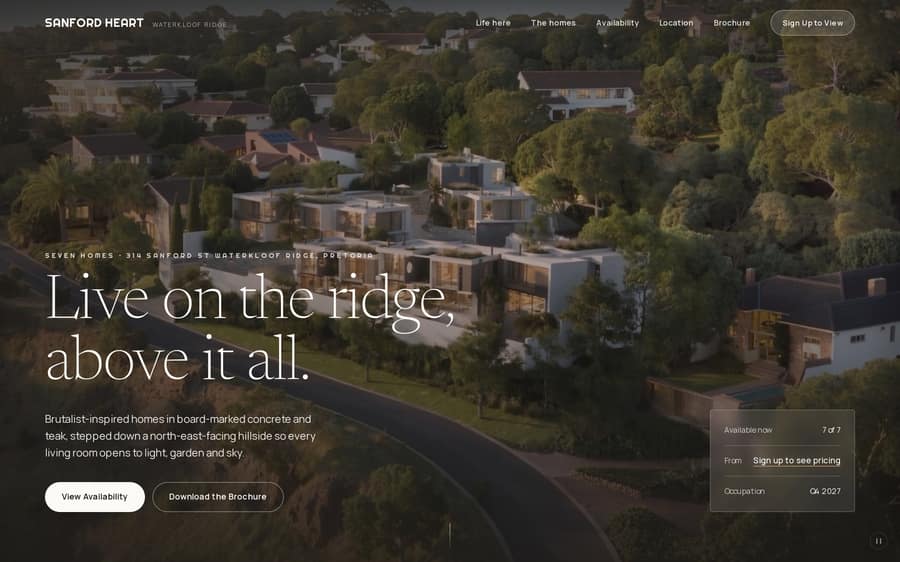 Sanford Heart launch page hero: seven homes on the ridge